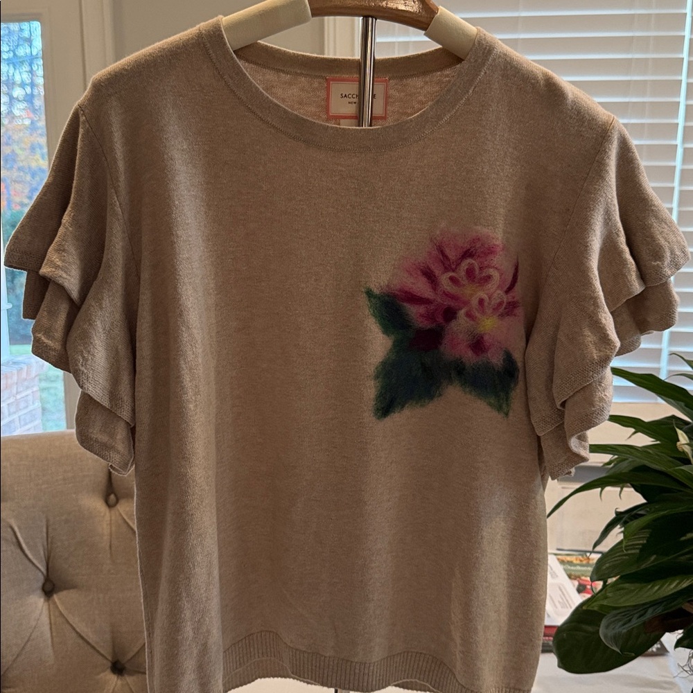 Chic Beige Ruffle Sleeve Top with Floral Accent